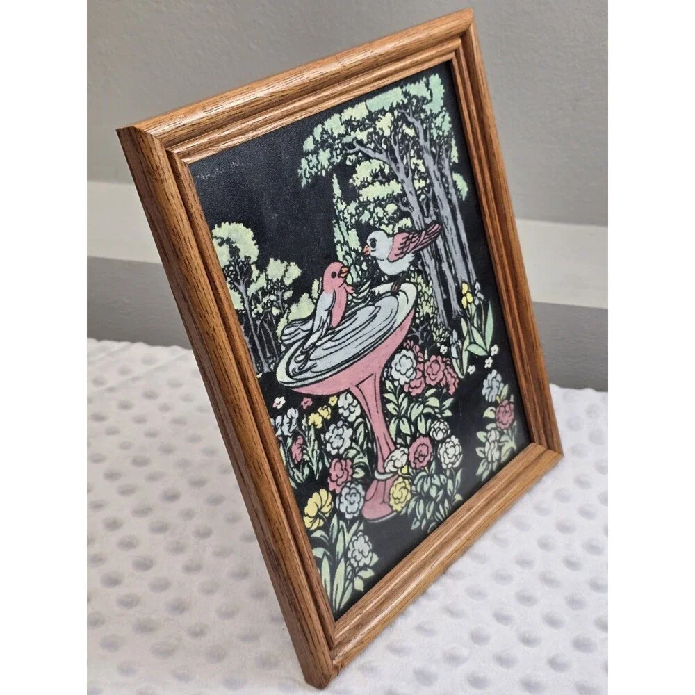 90's Fuzzy Velvet Art 8x10 Wooden Picture Frame Easel Back Birds Garden Birdbath